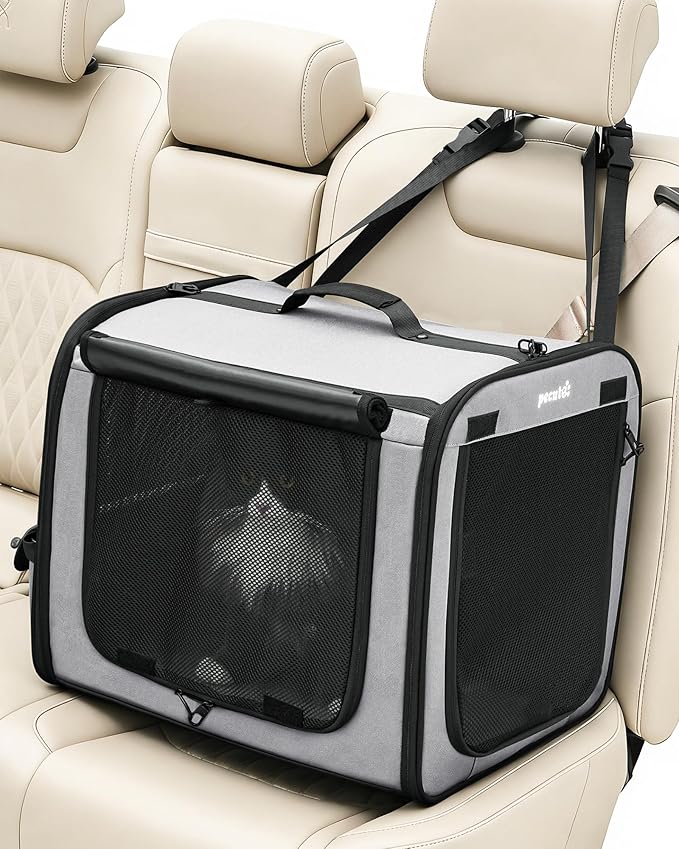Pecute Dog Car Carrier Light Weight 19.7×16.9×14.8in, Dog Carrier Easy to Assemble, Dog Car Crate Portable and Breathable,Pet Carrier for Indoor and Outdoor, Dog Travel Crate with Curtain Gray
