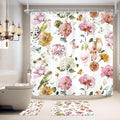4 PCS Pink Floral Birds Bathroom Set with Shower Curtain and Rugs 72Wx72H Inch Classical Watercolor Non-Slip Bath Rug Toilet Lid Cover and U Shape Mat Accessories 12 Hooks Bathoom Decor