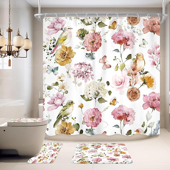 4 PCS Pink Floral Birds Bathroom Set with Shower Curtain and Rugs 72Wx72H Inch Classical Watercolor Non-Slip Bath Rug Toilet Lid Cover and U Shape Mat Accessories 12 Hooks Bathoom Decor
