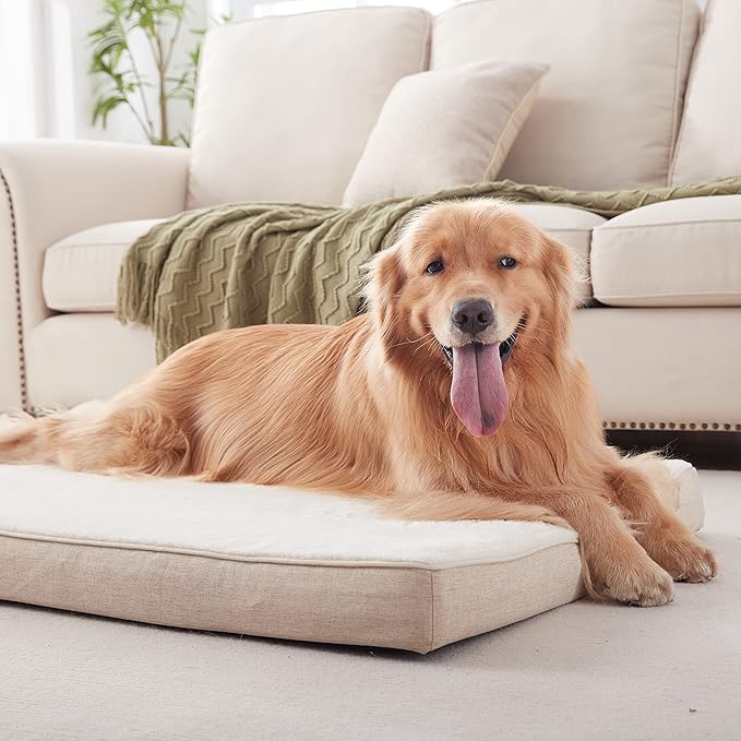 Memory Foam Large Dog Bed, Cooling Dog Beds for Large Dogs, Washable Orthopedic Pet Bed for Crate with Joint Relief Memory Foam, Waterproof Liner and Plush Cover (35"x 22", Beige)