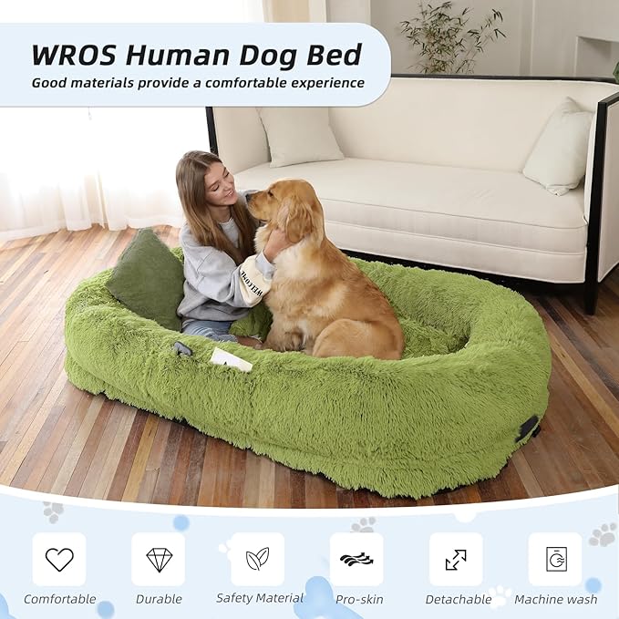 Human Dog Bed, 71''x45''x12'' Size Fits You and Pets, Washable Faux Fur Pet Bed for People Doze Off, Napping Orthopedic Dog Bed, Present Plump Pillow, Blanket, Strap - GrassGreen