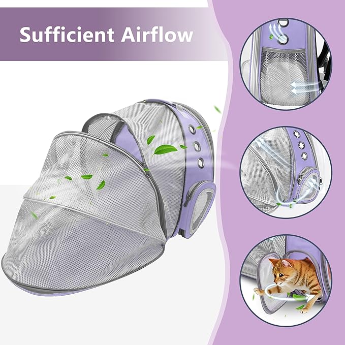 Cat Backpack Carrier Back Expandable Bubble Pet Carrier Backpack for Large Cat, Kitten and Dog, Designed for Hiking, Travelling and Outdoor Use (Back Expandable-Purple)