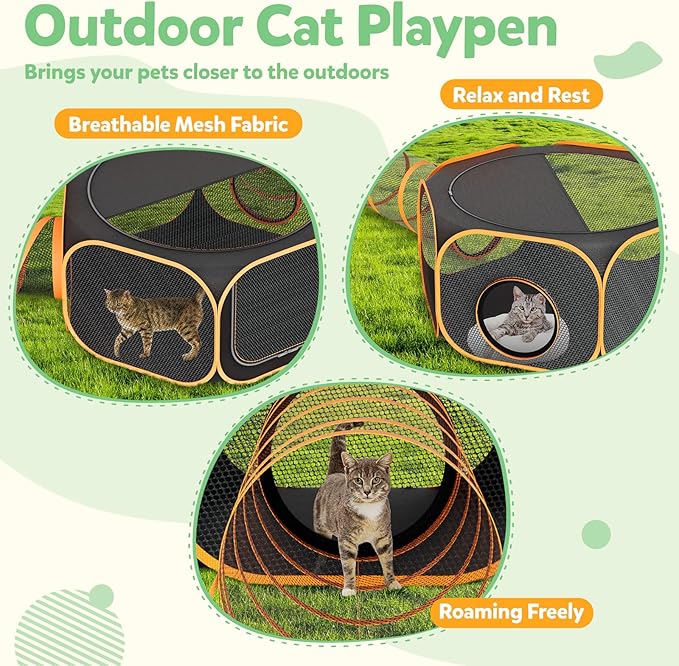 Cat Outdoor Enclosures Tunnel Playpen - Portable Playpen Indoor Collapsible Cats Enclosure with Shade Cover 2 Tunnels for Large Small Pets Animal Outside Catio Happy Travel Camping Back Yard