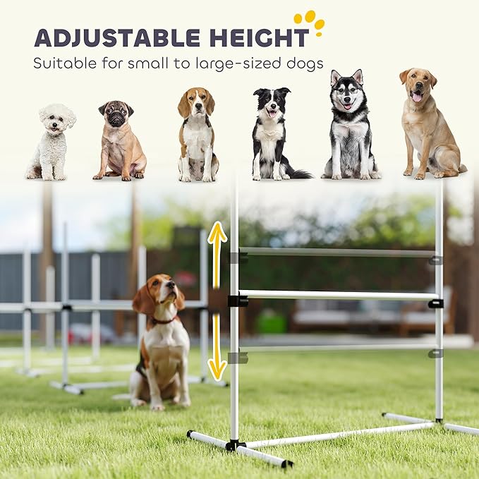 PawHut 6 Piece Dog Agility Training Equipment for Dog Agility Course with Adjustable Height Jump Bars, Included Carry Bag, & Displacing Top Bar, White