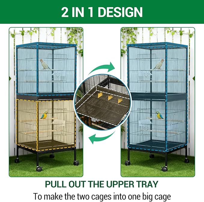 GarveeHome Small Bird Cage with Wheels, Parakeet Cage, Bird Carrier for Parakeets, Canaries, Lovebirds, Small Quaker, Cockatiels, Budgie, Green Cheek (55in)