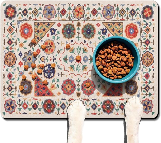 Moroccan Trellis Dog Food & Water Mat, Boho Colorful Vintage Pet Feeding Mat for Floor Non-Slip Waterproof, Super Absorbent Cat Bowl Mat, Easy to Clean Durable Pet Placemat,24" × 32"