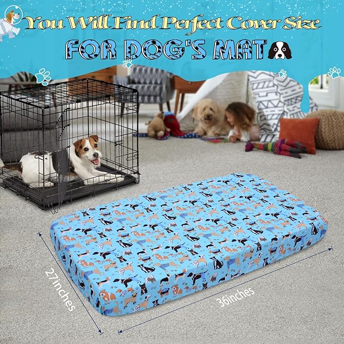Dog Bed Covers Replacement Washable, Elastic Edged Pet Bed Protector with Cute Dog Pattern Design for Small & Medium Pet Beds, Cover Only (Blue, 36x27x6 Inch)