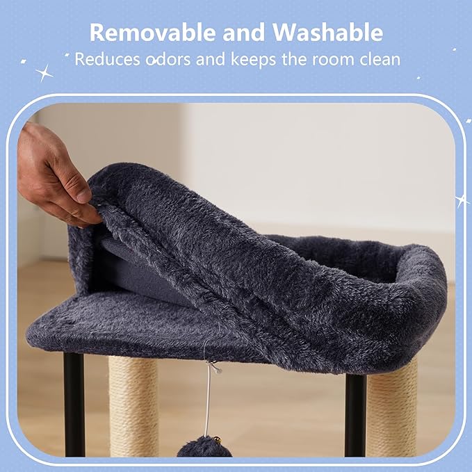 Hey-brother Cat Tree, Cat Scratching Posts with Bed, Sturdy Tower with Fully Sisal-Wrapped Columns and Plush Toy Ball for Indoor Kittens, 18.9 inches, Smoky Gray MPJ010SG
