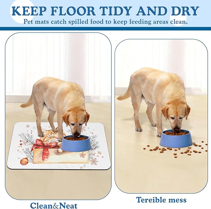 Cat Dog Cat Food Mat–Christmas Stocking Absorbent Waterproof Placemat for Food and Water Bowls, Non Slip Rubber Backing, Feeding Mat for Clean Floors 12"x20"