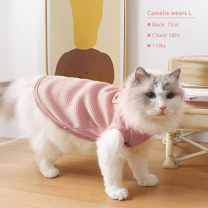 Waffle Knit Cat & Dog T Shirt for Small Dogs, Stretchable Puppy Shirt for Sphynx Cats & Small Breeds, Pet Clothes | Breathable Summer/Winter Apparel for Newborn(Pink Large)
