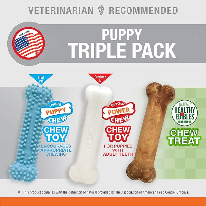 Nylabone New Puppy Starter Kit, Chew Toys & Natural Chew Treat for Puppies, Puppy Enrichment Teething Toys, Blue, Long Lasting Chicken & Bacon Flavor, Small Dogs - Up to 25 Ibs, 3 Pack