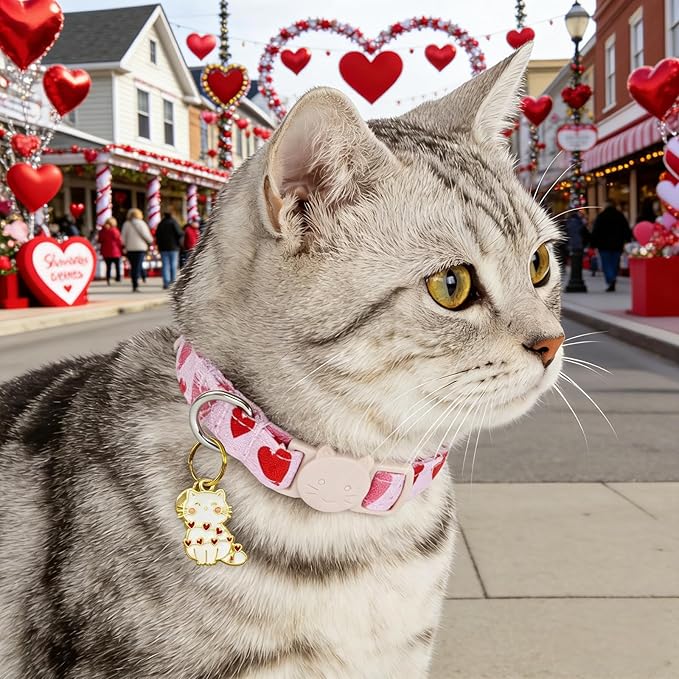 Valentine Cat Collar-2 Pack Collars Red Heart and Line Heart Print Breakaway with Kitten and Bell Pendant Safety Buckle Adjustable Pet Collar for Cats Gift for Cats and Small Pets
