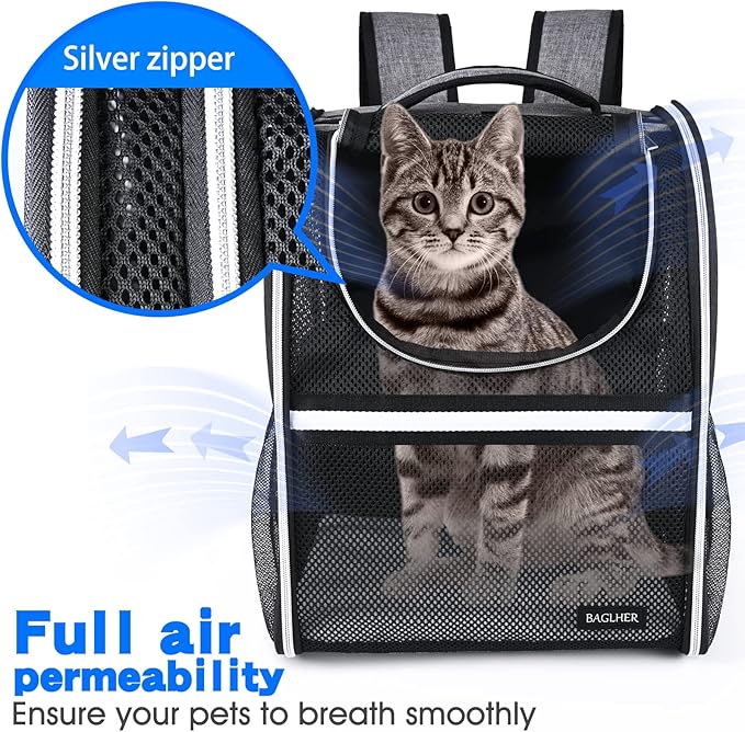 BAGLHER Pet Carrier Backpack, Ventilated Design, Pet Travel Backpack with Comfortable Shoulder Straps, Thicker Bottom Support, Two-Way Entrance Pet Carrier Backpack, Black
