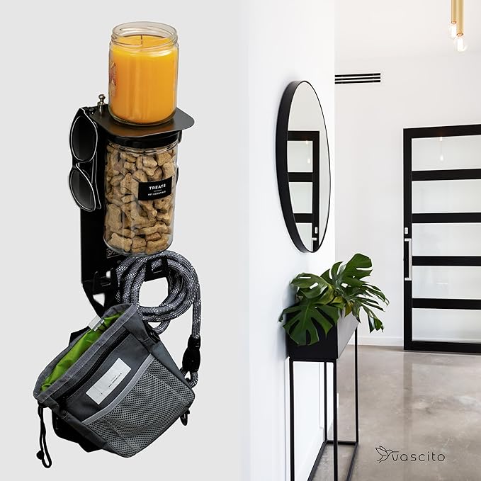 Dog Treat Holder For Wall Storage For Pets, Premium Pet Wall Organizer, Includes One 32oz Airtight Dog Treat Jar, 2 Sets of Triple Hooks, Sturdy Shelf in Modern Black