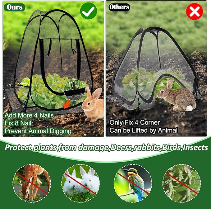 Pop Up Mesh Plant Protectors from Animals,Large Plant Netting Guard Cover with 8 Stake Crop Cage Fine Mesh Plant Tents for Protect Flower Tomato Vegetable from Deer Cat Bird Squirrel, 28x28x34 in