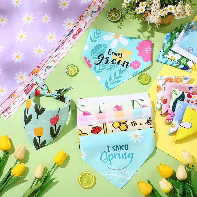 Kacctyen 50 Pcs Spring Dog Bandanas Bulk Bandanas for Dogs Grooming with Spring Flowers Bees Adjustable Pet Triangle Scarf Bib Washable for Small Medium Large Puppy Cats Pets Costume Accessories