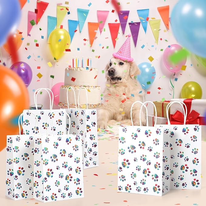 Blulu 20 Pcs Puppy Dog Paw Gift Bags with Paper Twist Handles, Dog Gift Paper Paw Treat Goodie Bags for PET Treat Party Favor, 6.3 x 3.1 x 8.6 Inch(Dazzling Paws)