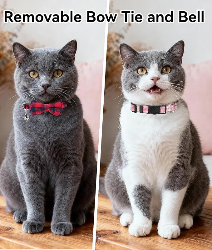 Joytale Upgraded Cat Collar with Bells, Breakaway Cat Collars with Bow Tie, 2 Pack Girl Boy Safety Plaid Kitten Collars, Pink+Red