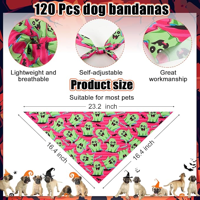 Sanwuta 120 Pcs Halloween Dog Bandanas Bulk Skeletons Pumpkin Bat Skull Ghost Spider Pet Costumes Scarf Washable Pet Scarves Adjustable Bibs for Small and Medium Pets, 30 Styles(Halloween)