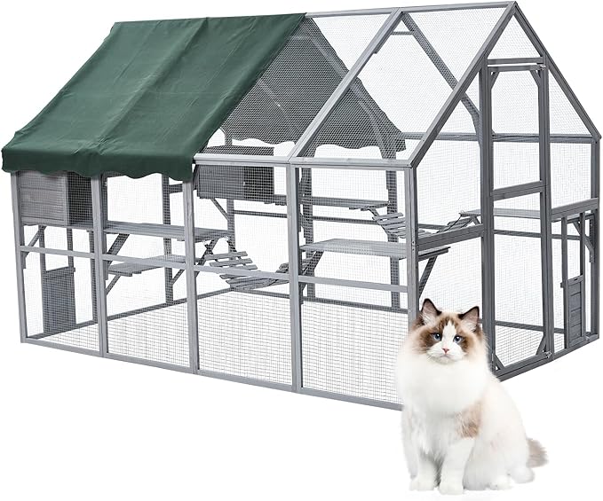 PeakPursuit Extra Large Cat Enclosure,110 Inch Large Catio with Waterproof Roof, Pet Habitat for 57 FT² Space, Outdoor Pet House with 7 Platforms,2 Resting Box and 2 Bridges, for Small Animals Use