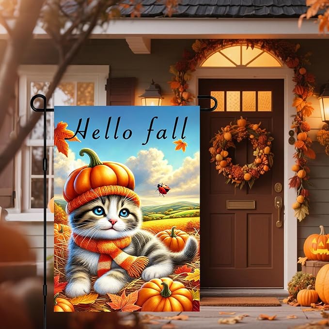 Hello Fall Garden Flag Cute Kitten Pumpkin Hat Scarf Flag 12x18 Inch Autumn Pet Decor Double Sided Outdoor Banner For Front Yard Porch Lawn Patio Seasonal Home Decor for autumn