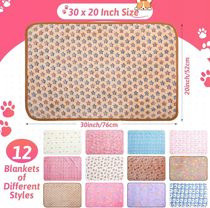 Tatuo 12 Pieces Puppy Blanket Warm Dog Cat Sleep Mat Pet Kitten Doggy Fleece Blankets with Cute Dog Paw Bone Star Elephant Patterns Printed Fluffy Blanket for Small Cat Puppy (30 x 20 Inch)
