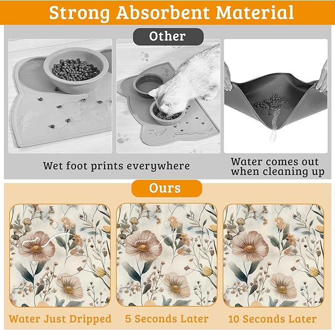 Vintage Flowers Dog Cat Food Mat,Herbs Absorbent Waterproof Placemat for Food and Water Non Slip Rubber Backing Durable Feeding Pad for Clean Floors 12" x 20"