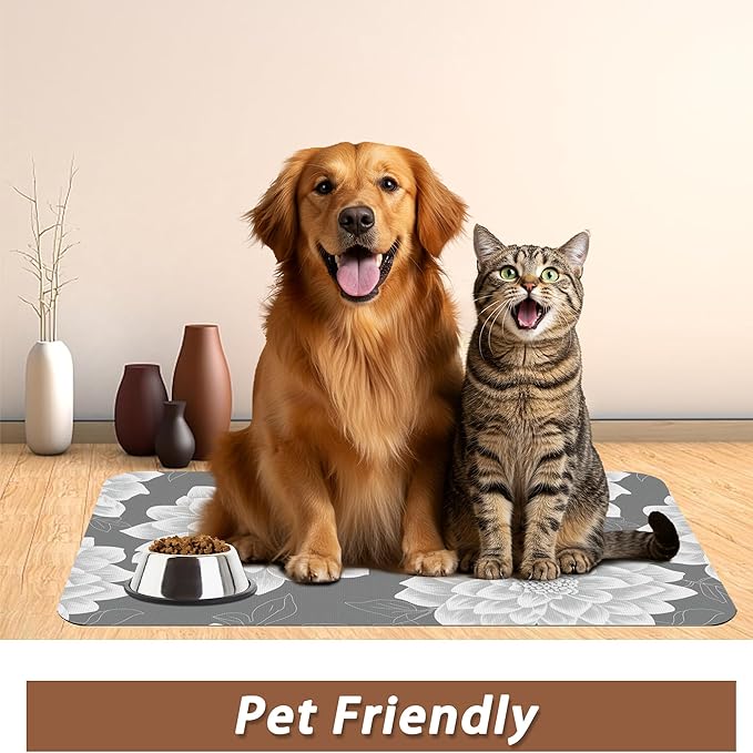 Dahlia Dog Cat Food Mat,Gray White Flowers Absorbent Pet Feeding Mat with Rubber Backing,Non-Slip Water Bowl Placemat,Indoor Pet Accessories Supplies 16"x24"