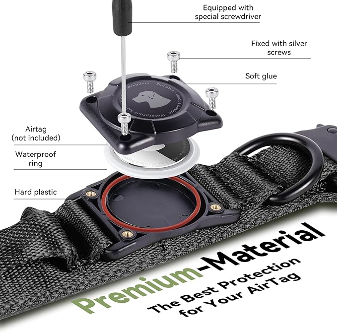 2025 Upgrade Waterproof AirTag Dog Collar, Military Tactical Dog Collar with AirTag Holder, Comfortable Control Handle and Metal Buckle, GPS Dog Collar Holder for Medium to Large Dogs (Black, XL)