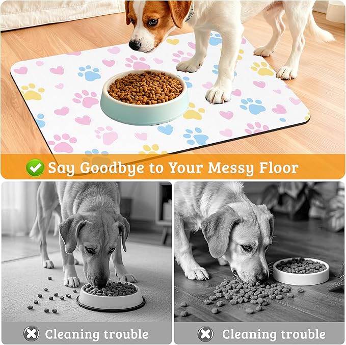 Dog Bowl Mat,Colorful Dog Paws Pet Feeding Mat for Floors Waterproof,Animal Absorbent Dogs Placemat for Food and Water Quick Dry Pet Cat Feeding Mats with Non Slip Bottom 16" x 24"