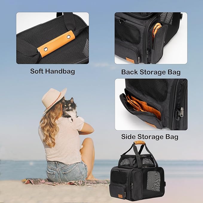 Expandable Pet Carrier Bag - Airline-Approved, Breathable Mesh, Secure Zippers, Padded Handle & Multi-Pockets (Light Grey)