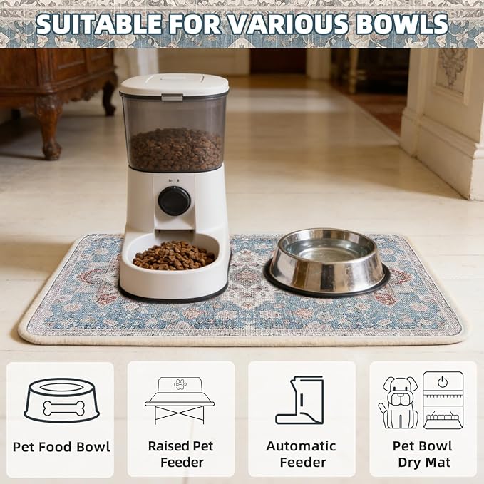 PUPTECK Dog Food Mat, Absorbent Pet Feeding Bowl Mat, Non-Slip Dog Mat for Food and Water, Quick Dry No Stains Cat Placemats Pet Supplies for Messy Drinkers, Blue 12"x20"