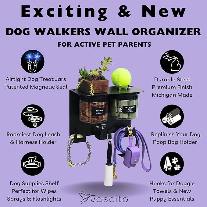 Dog Treat Holder for Wall Storage for Pets, Premium Pet Wall Organizer, Includes Two 16oz Airtight Dog Treat Jars, 3 Sets of Triple Hooks, Sturdy Shelf in Modern Black