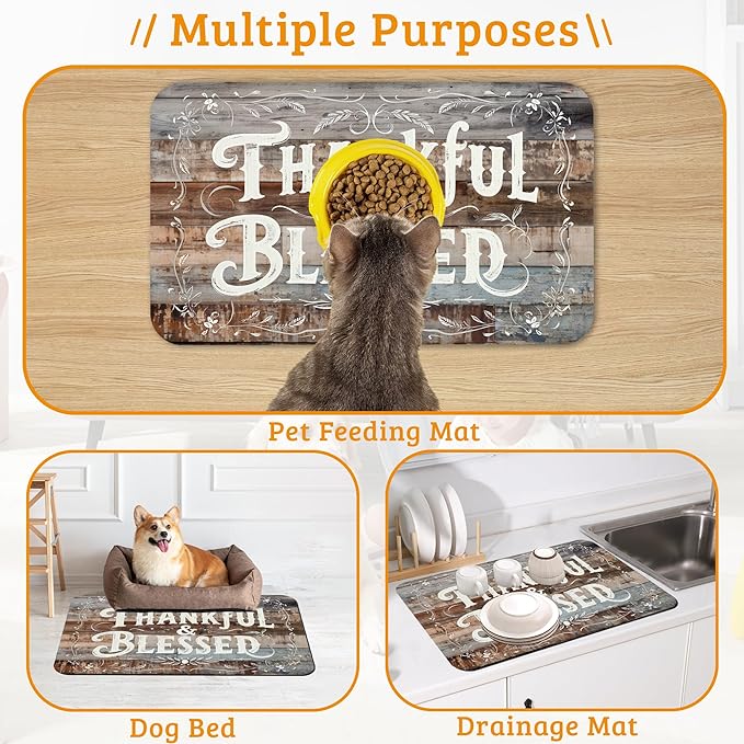Thankful Feeding Mat,Blessed Absorbent Quick-Dry Cat Dog Food and Water Bowl Mats,Non-Slip Rubber Backing Mat,Cat Dog Accessories Supplies 16" x 24"