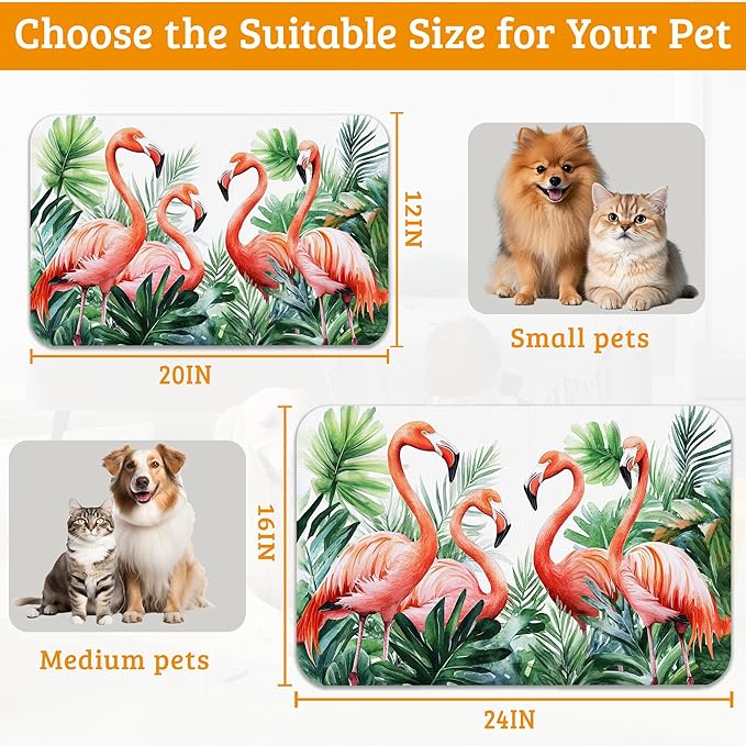Pink Flamingo Dog Food Mat,Plam Leaves Absorbent Pet Feeding Mat for Food and Water Bowl,Quick Dry Dog Placemat Non Slip Rubber Backing Waterproof Pet Supplies 12" x 20"