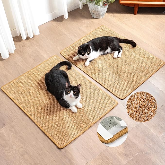 Cat Scratcher Mat,Sisal Cat Scratch Pad with Hook&Loop Tape,Wall Floor Kitten Scratching Pads Rug for Indoor,Furniture Protector for Couch&Carpets&Sofas,Kitty Bithday Gifts,Large,Brown,2 Pack