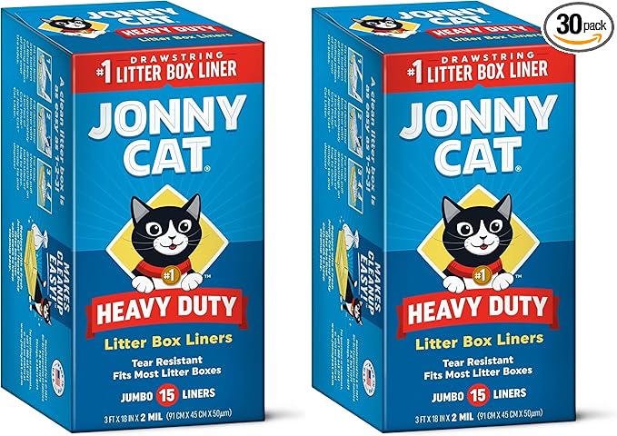 Jonny Cat Litter Box Liners: Heavy Duty - Tear & Leak Resistant - Drawstring Close - Jumbo, 15 Count (Pack of 2)