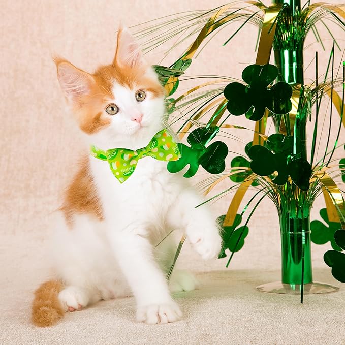 2 Pack St. Patrick's Day Cat Collars with Bow Tie and Charms, Adjustable Breakaway Shamrock and Clover Collars for Cats and Kittens, Holiday Festive Design for Boys and Girls