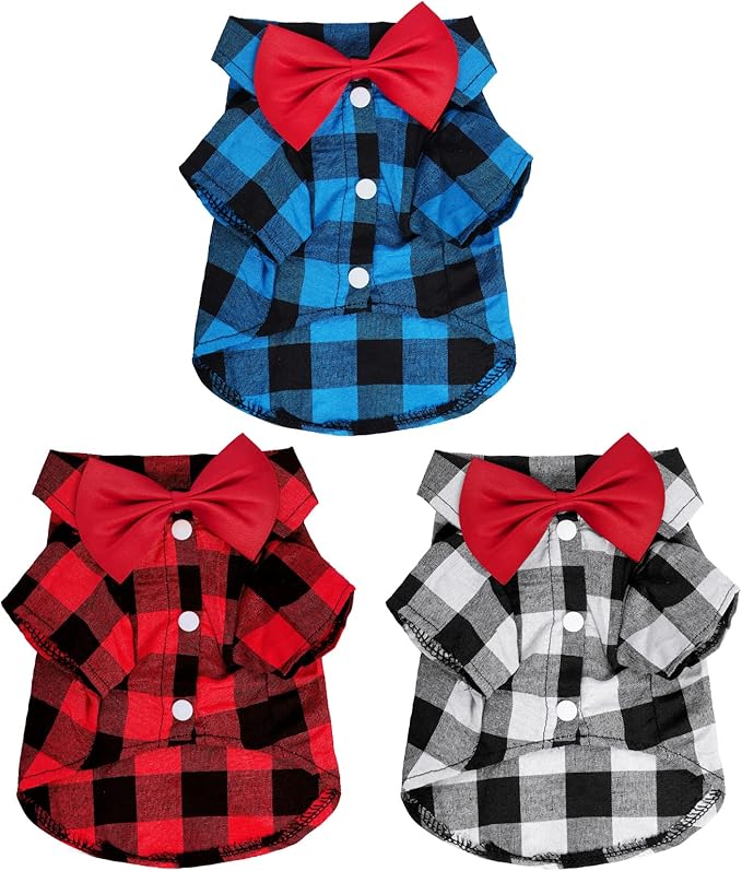 Tongcloud 3 Pack Plaid Puppy Cat Shirt - Cute Dog Shirts for Small Dogs and Cats - Birthday Party and Holiday Photo