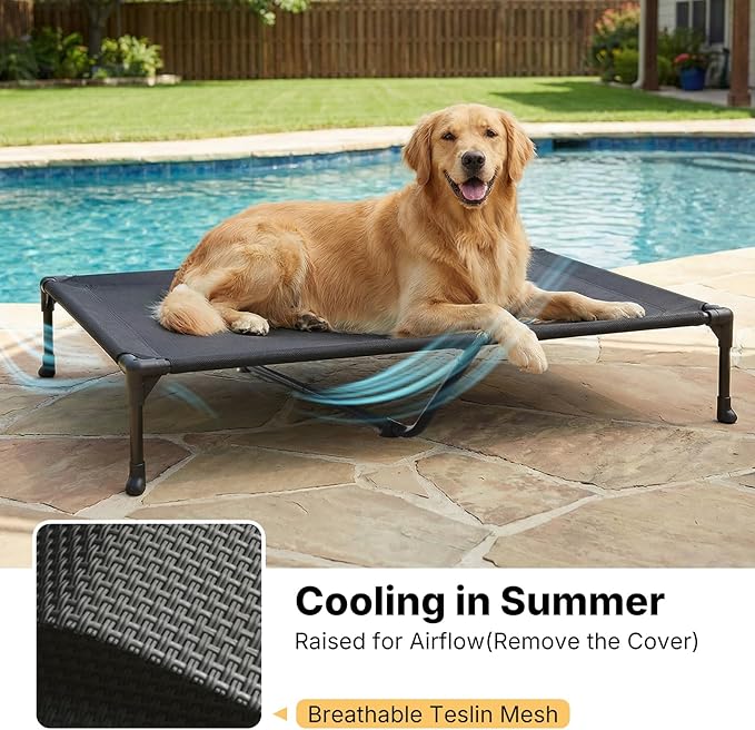 Veehoo Elevated Dog Bed with Waterproof Cushion, Cooling Raised Dog Beds with Padded Top, Washable Outdoor Dog Bed, Orthopedic Pet Cot for Indoor & Outdoor, Extra Large Dog Bed 53" x 37.5", Dark Grey
