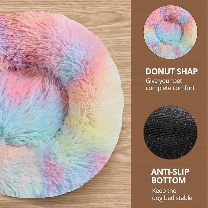 JOLLYVOGUE Calming Dog Bed for Small Dogs - 23 inches Donut Washable Small Dog Bed for Kittens & Puppies, Anti-Slip Round Fluffy Plush Faux Fur Cat Beds (Fits up to 25 lbs Pets, Rainbow)