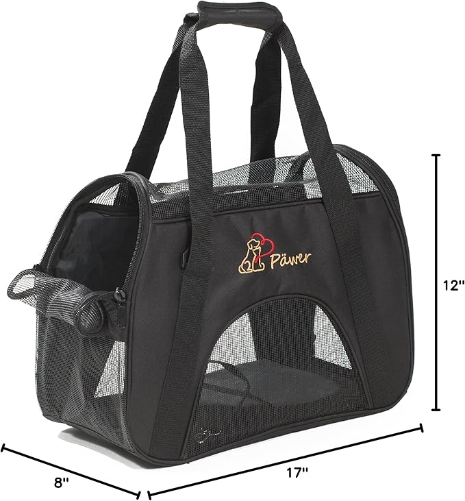 Pawer Soft-Sided Pet Carrier for Cat and Small Dog,Black Color,Medium Size,Washable 600D Oxford Cloth Airline Approved Travel Tote,with 2 Mesh Opens and a Strap for Carry,Multiple Colors Available