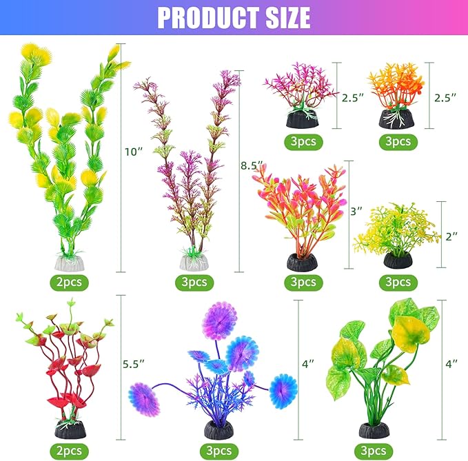 AQUANEAT 26pcs Artificial Fish Tank Plants, Multi Color Plastic Aquarium Accessories