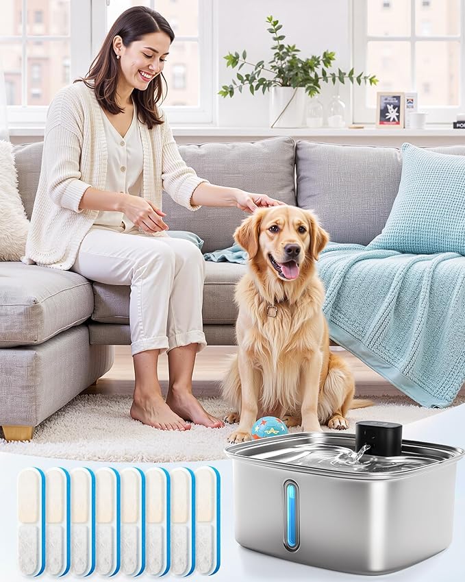 10L Dog Water Bowl Dispenser Fountains Accessories, Pet Cat Water Fountain Stainless Steel, Safe Multi-Filtered Automatic Dispenser for Dogs 2.4G Wi-Fi 2.64Gal/338 Oz (8 Filters & Sponges)