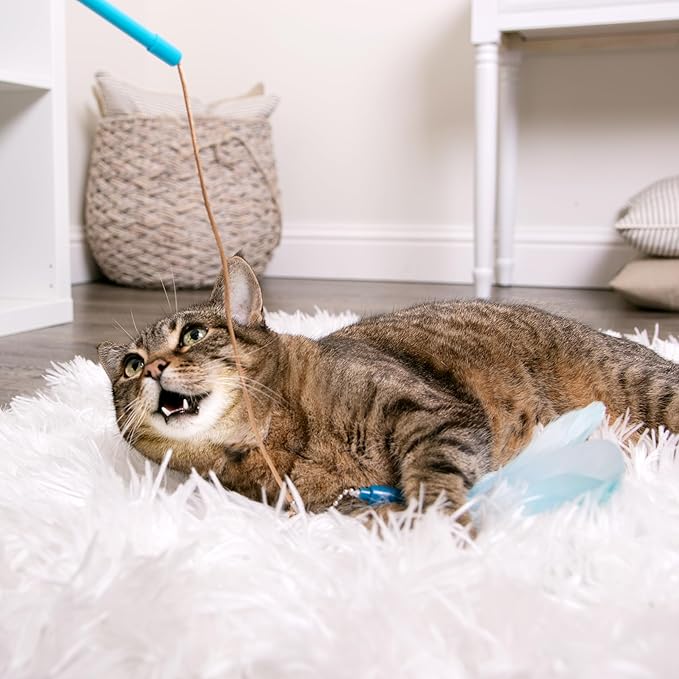 SmartyKat Frisky Flyer Feather Wand Cat Toy, Extendable Up to 24" - Blue, One Size