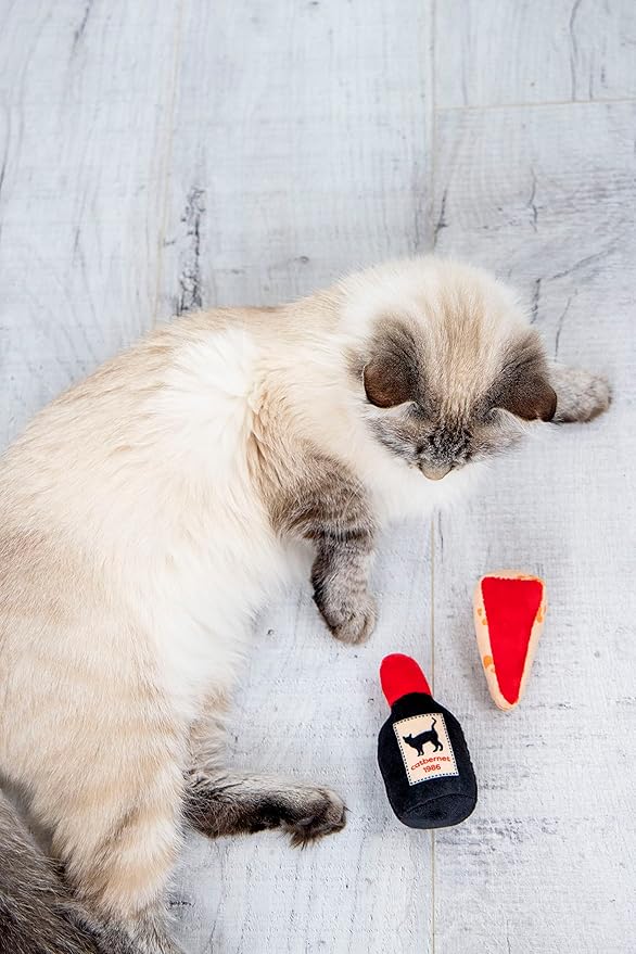 Pearhead Pet Cheese & Wine Cat Toys Set of 2 – Plush Catnip Toys with Crinkle & Rattle, Valentine’s Day Interactive Cat Toys for Indoor Cats