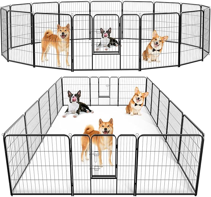 DUMOS Dog Playpen Indoor, Metal 32 Inch 16 Panels Foldable Pet Fence with Door, Outdoor Small Medium Large Dog Puppy Portable Exercise Play Pen for RV Camping, Trips, Play Yard