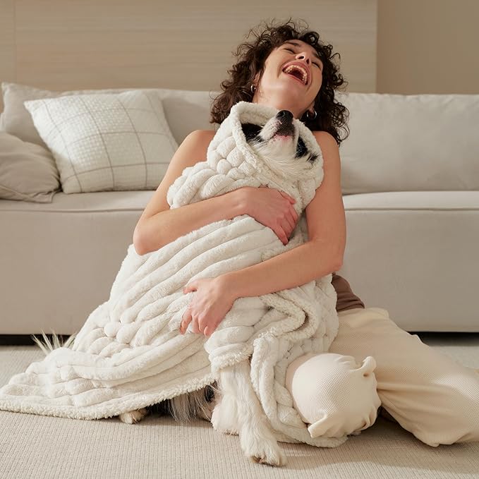 Bedsure ComfyFleece™ Waterproof Dog Blankets for Large Dogs - Soft Pet Cat Blanket Corduroy Fleece for Couch Bed Protector Washable, Cozy Calming Reversible Furniture Protection,50"x60", Cream