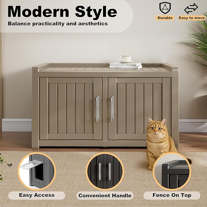 Cat Litter Box Enclosure Resin Hidden Cat Litter Box Furniture Multi-Functional Double Door Spacious Odorless Waterproof UV-Resistant Indoor Outdoor Use Grey