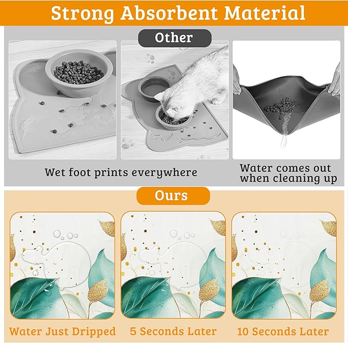 Green Plam Dog Cat Food Mat,Tropical Leaves Absorbent Waterproof Placemat for Food and Water Non Slip Rubber Backing Durable Feeding Pad for Clean Floors 12" x 20"
